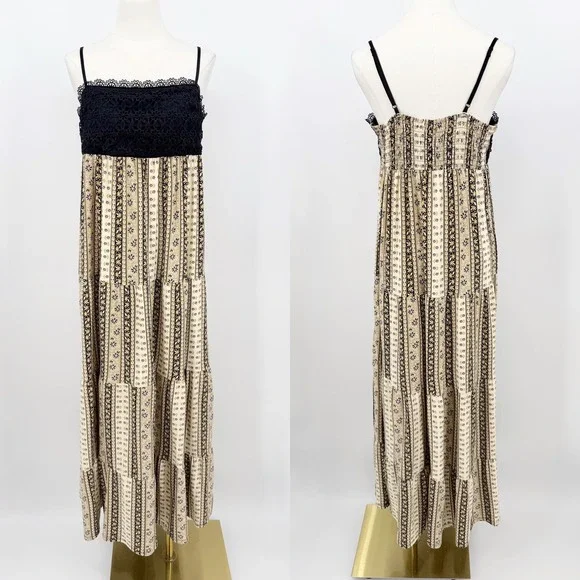 No Boundaries Lace Bodice Tiered Maxi Dress Floral Boho Black Tan L Cottagecore - Picture 2 of 7